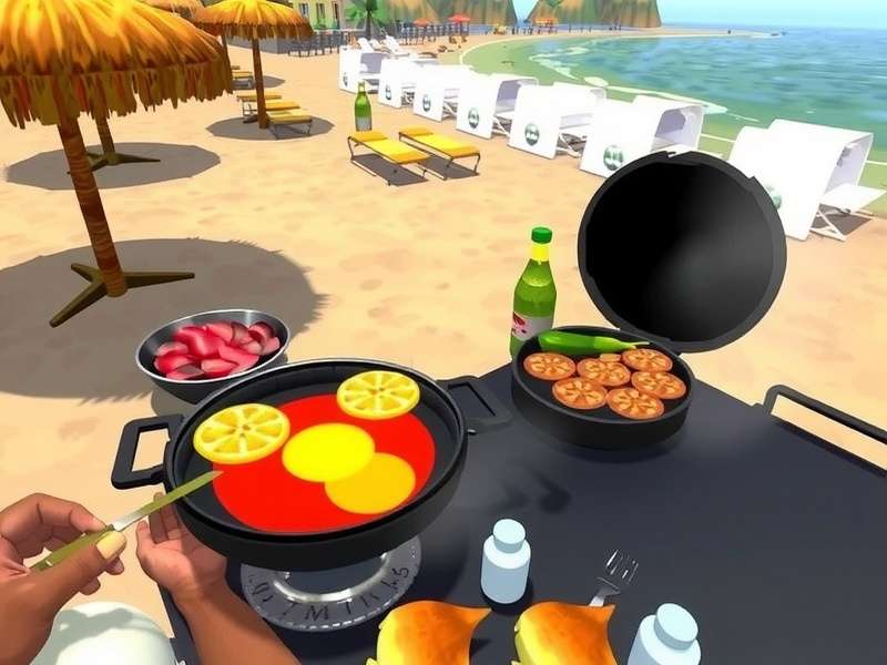 Beach Breeze BBQ Delight gameplay screenshot showing a player grilling various Indian BBQ dishes on a beach